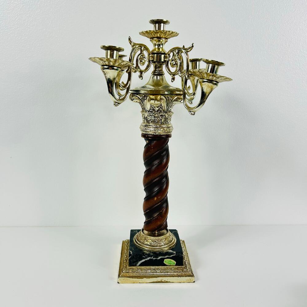 Vintage Dilly MFG Carrara Marble Wooden Candle Holder Made in USA